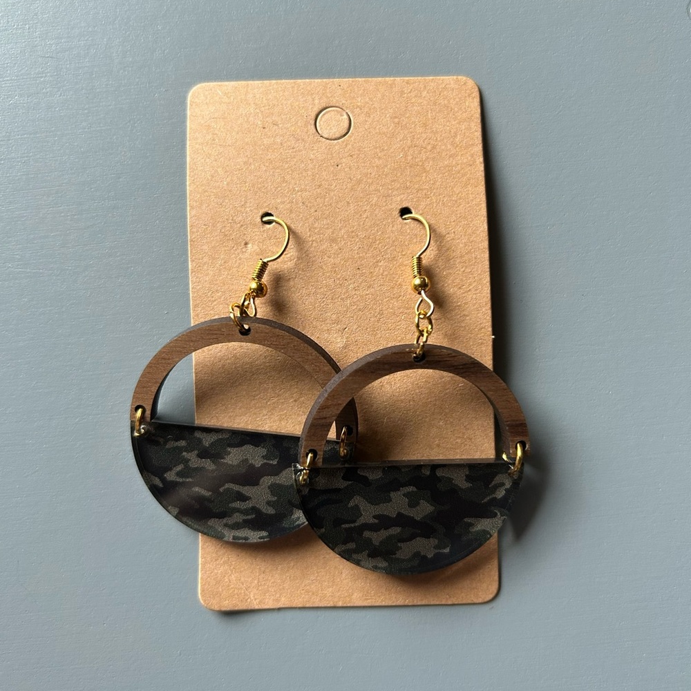 Acrylic camo and wood earrings